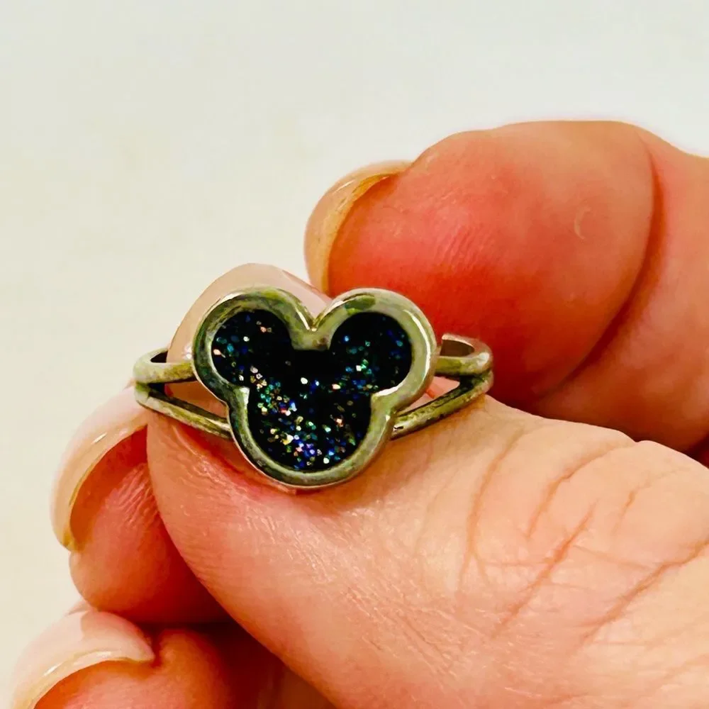 Disney Mickey Mouse Silver Tone Black Glitter Mouse Ears Ring Adjustable
